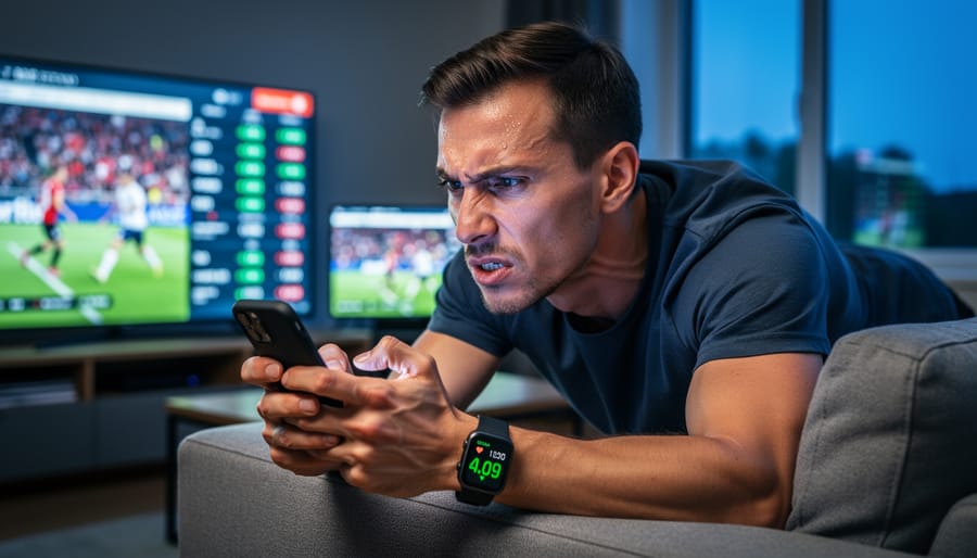 Close-up of person's tense hands gripping smartphone during online betting