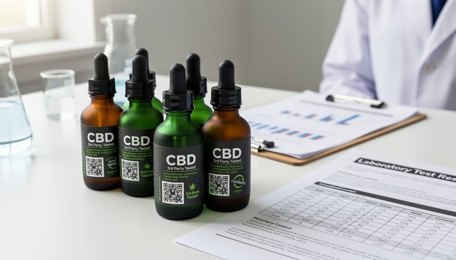 CBD oil dropper with golden droplet above glass bottle