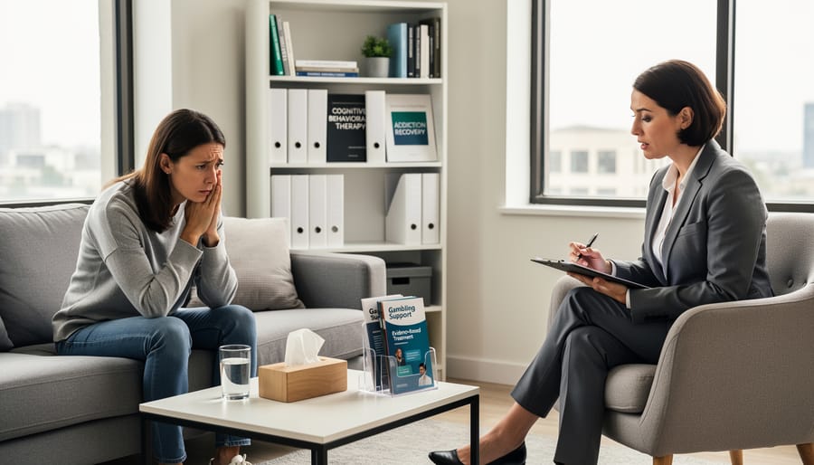 Supportive counseling session with hands across table in warm office setting