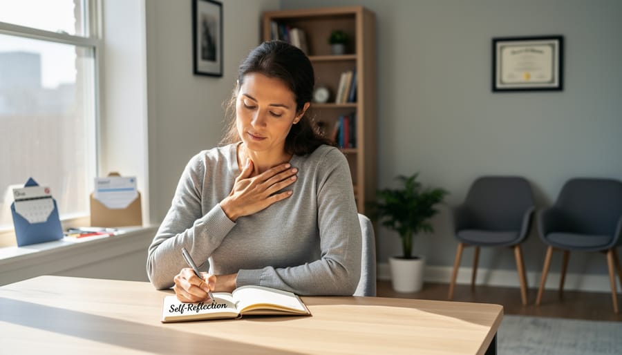 Person in calm reflective state taking notes in peaceful home setting