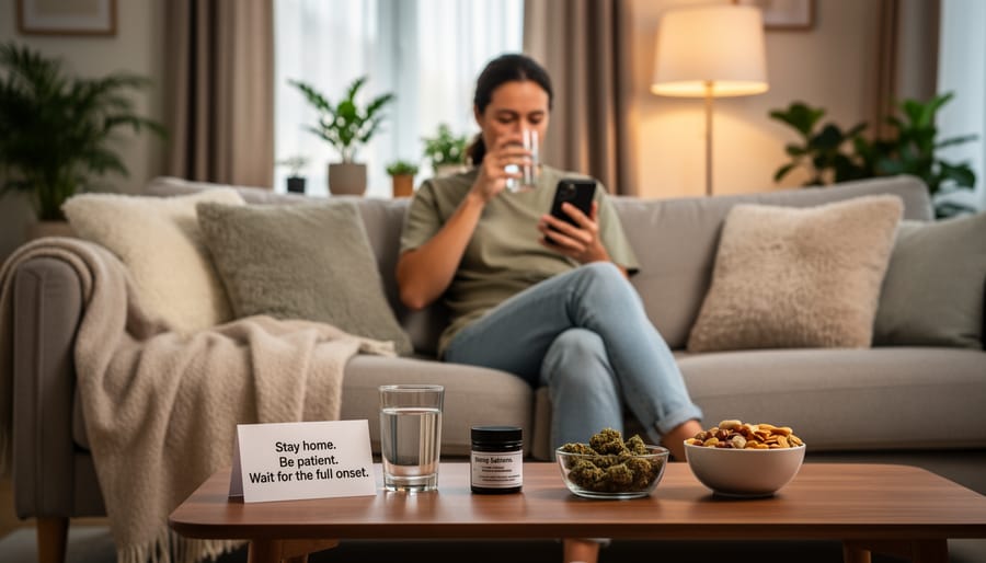 An adult relaxing on a couch with water and THC gummies in a cozy living room setting.