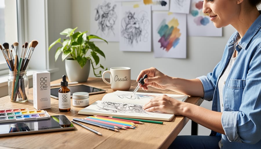 Artist studio desk with a glass dropper bottle of CBD tincture, amber jar, and sketchbook in soft natural light.