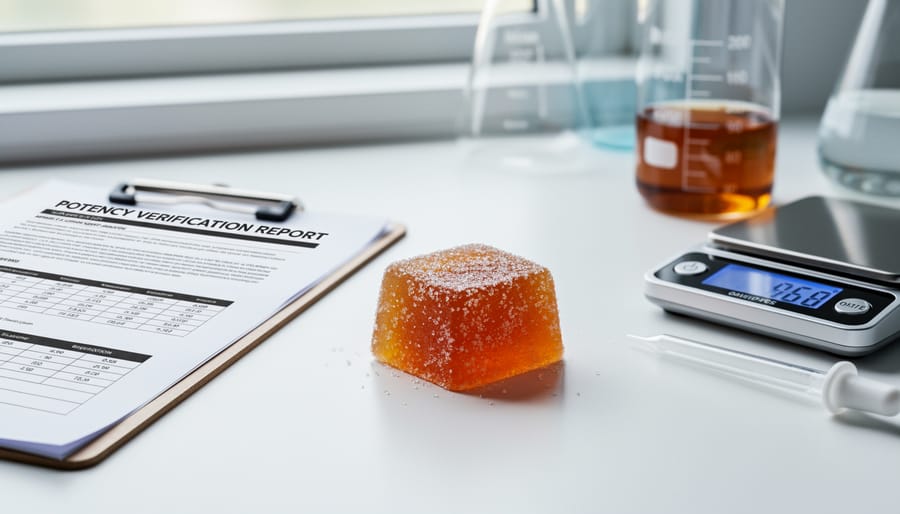 Lab-tested THC gummy package and COA document shown on a kitchen table next to a timer and water.