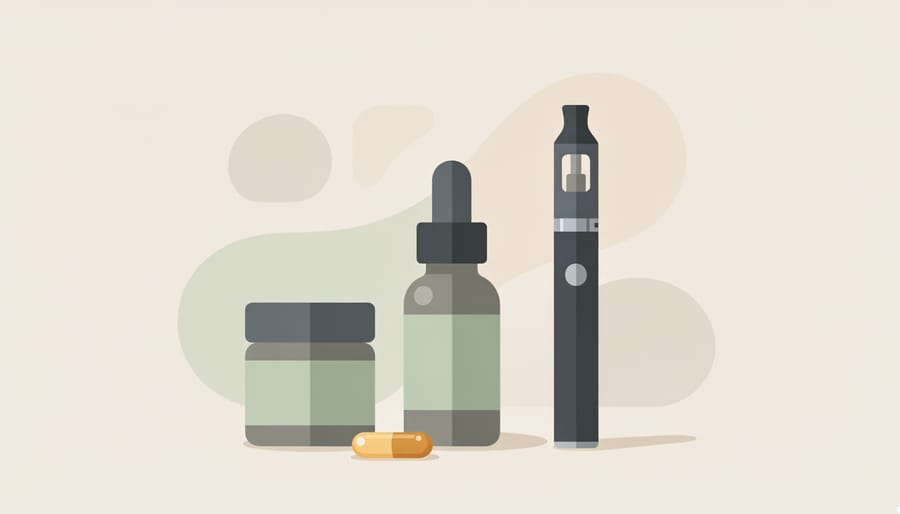 Top-down view of CBD gummies, capsules, and a pipette dropper on a neutral tabletop.