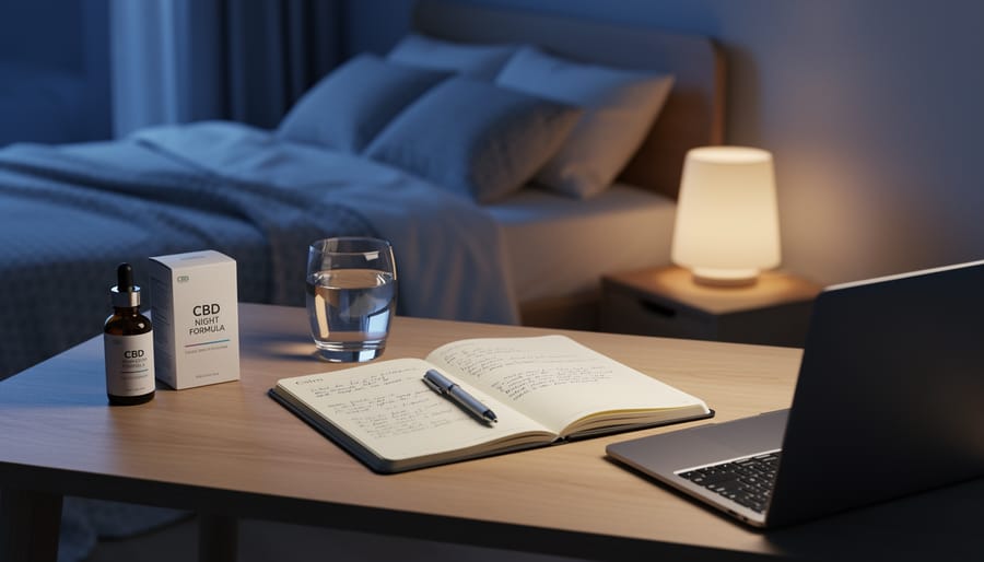 Writer working late at night with a warm lamp and a small CBD dropper bottle on the desk.