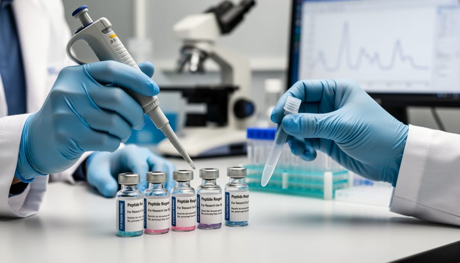 Gloved researcher holding a small sealed vial in a laboratory setting