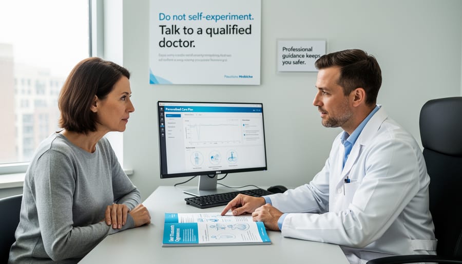 Clinician and patient in a consultation room with a blank clipboard and pen