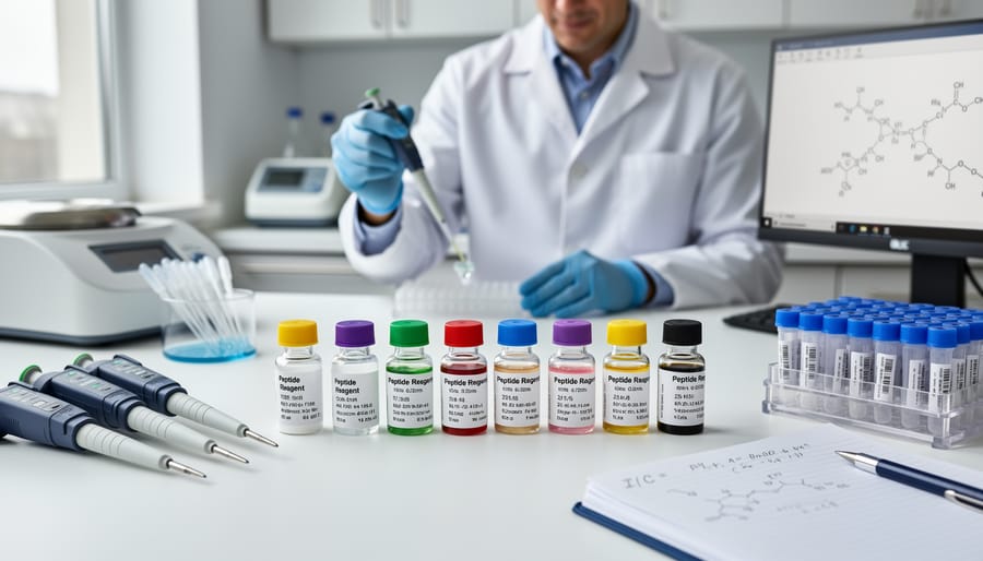 Laboratory bench with vials, microtubes, and a pipette rack arranged as research materials