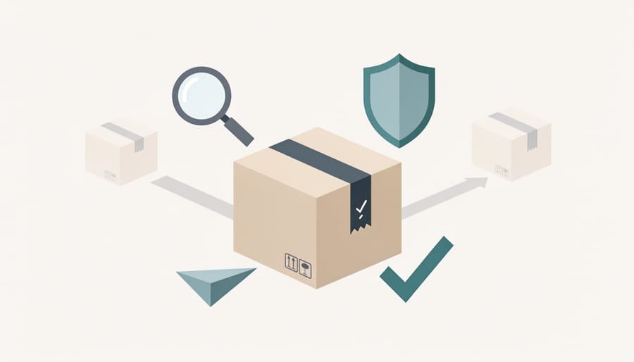 Shipping box with tamper-evident wrap and a magnifying glass on a desk