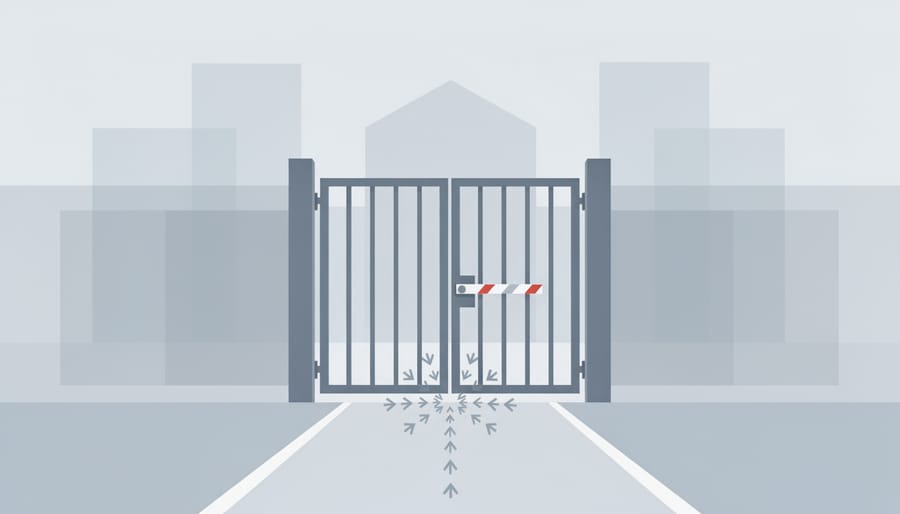 A locked medical facility entrance with metal gate and distant silhouettes, symbolizing regulatory barriers.