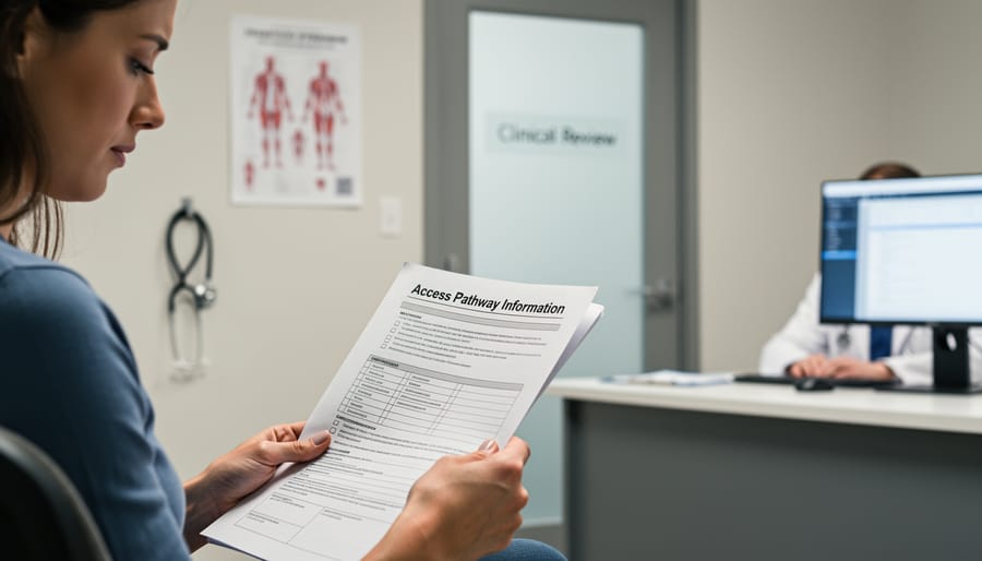 A patient holding a folder in a hospital corridor, symbolizing the search for medical access and documentation.